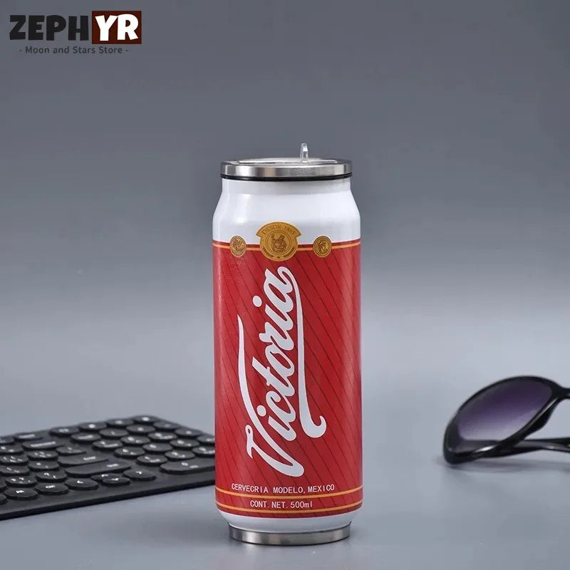 500ML Thermos with Straw Cola Can Termos Para Cafe Beer Bottle 304 Stainless Steel BEER Cold Keeper Drinkware Garrafa Térmica