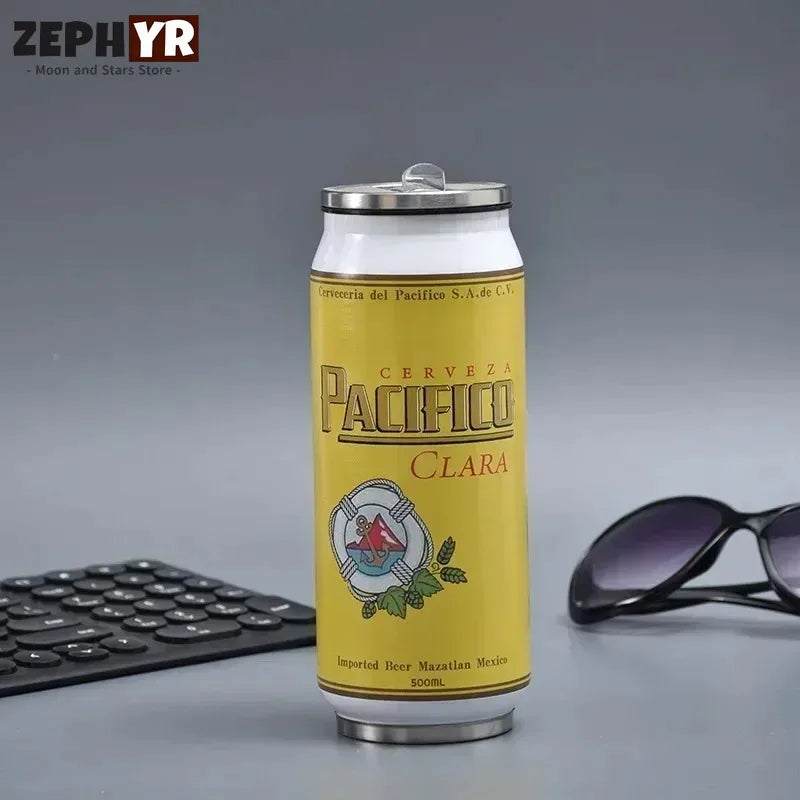 500ML Thermos with Straw Cola Can Termos Para Cafe Beer Bottle 304 Stainless Steel BEER Cold Keeper Drinkware Garrafa Térmica