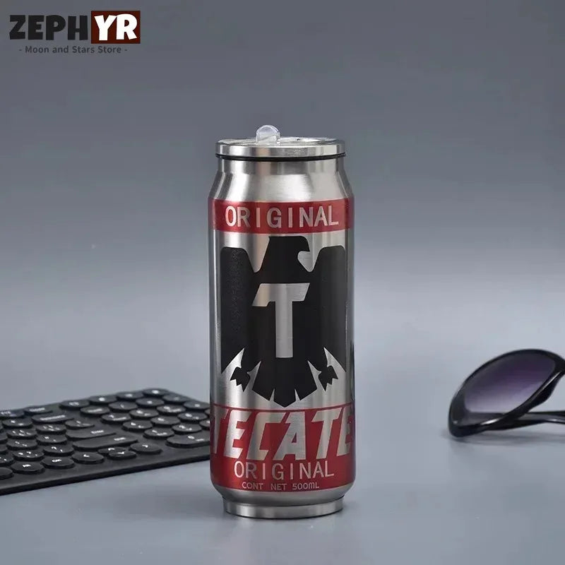 500ML Thermos with Straw Cola Can Termos Para Cafe Beer Bottle 304 Stainless Steel BEER Cold Keeper Drinkware Garrafa Térmica