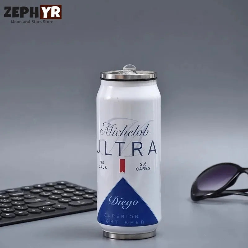 500ML Thermos with Straw Cola Can Termos Para Cafe Beer Bottle 304 Stainless Steel BEER Cold Keeper Drinkware Garrafa Térmica