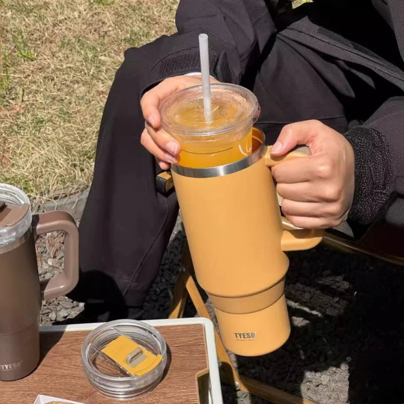 900/1200ml Stainless Steel Vacuum Thermos Water Bottle With Handle Straw Coffee Cup Tumbler Thermal Iced Travel Insulated Mug