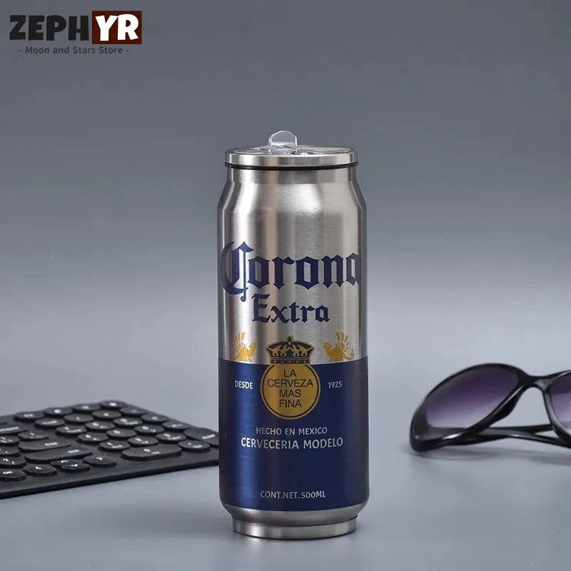 500ML Thermos with Straw Cola Can Termos Para Cafe Beer Bottle 304 Stainless Steel BEER Cold Keeper Drinkware Garrafa Térmica