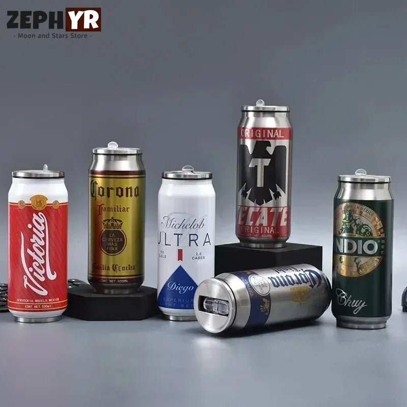 500ML Thermos with Straw Cola Can Termos Para Cafe Beer Bottle 304 Stainless Steel BEER Cold Keeper Drinkware Garrafa Térmica